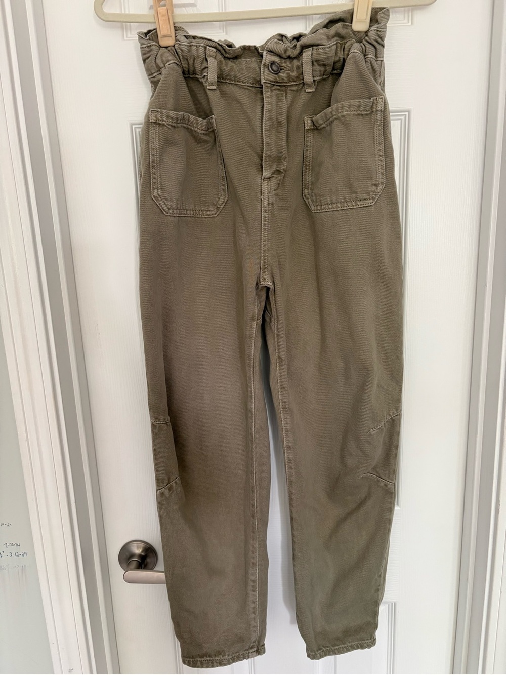 Zara Womens Olive Green Paperbag Waist Cotton Tapered Pants Size 6